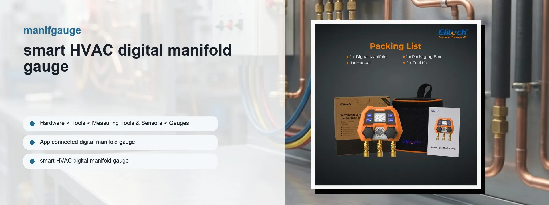 Orange Elitech smart HVAC digital manifold gauge shown with packaging and accessories against a blurred refrigeration plant backdrop, with product title text on the left.